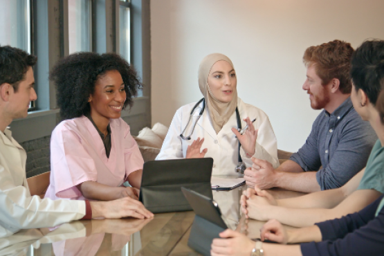 Group of medical staff and academics meeting around a table